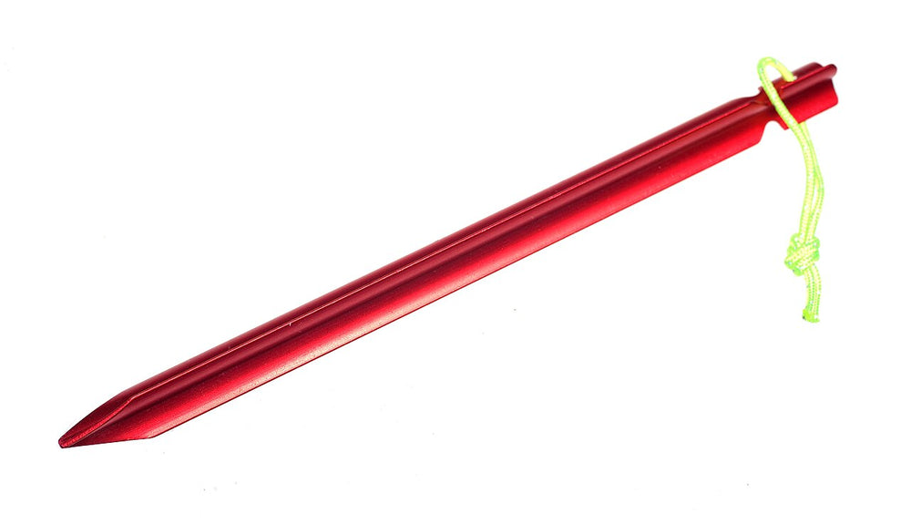An aluminium tent peg with a cord loop.