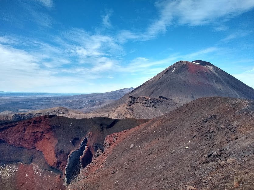 Red Crater with Mount Ngauruhoe rising behind it on the Tongariro Alpine Crossing.
