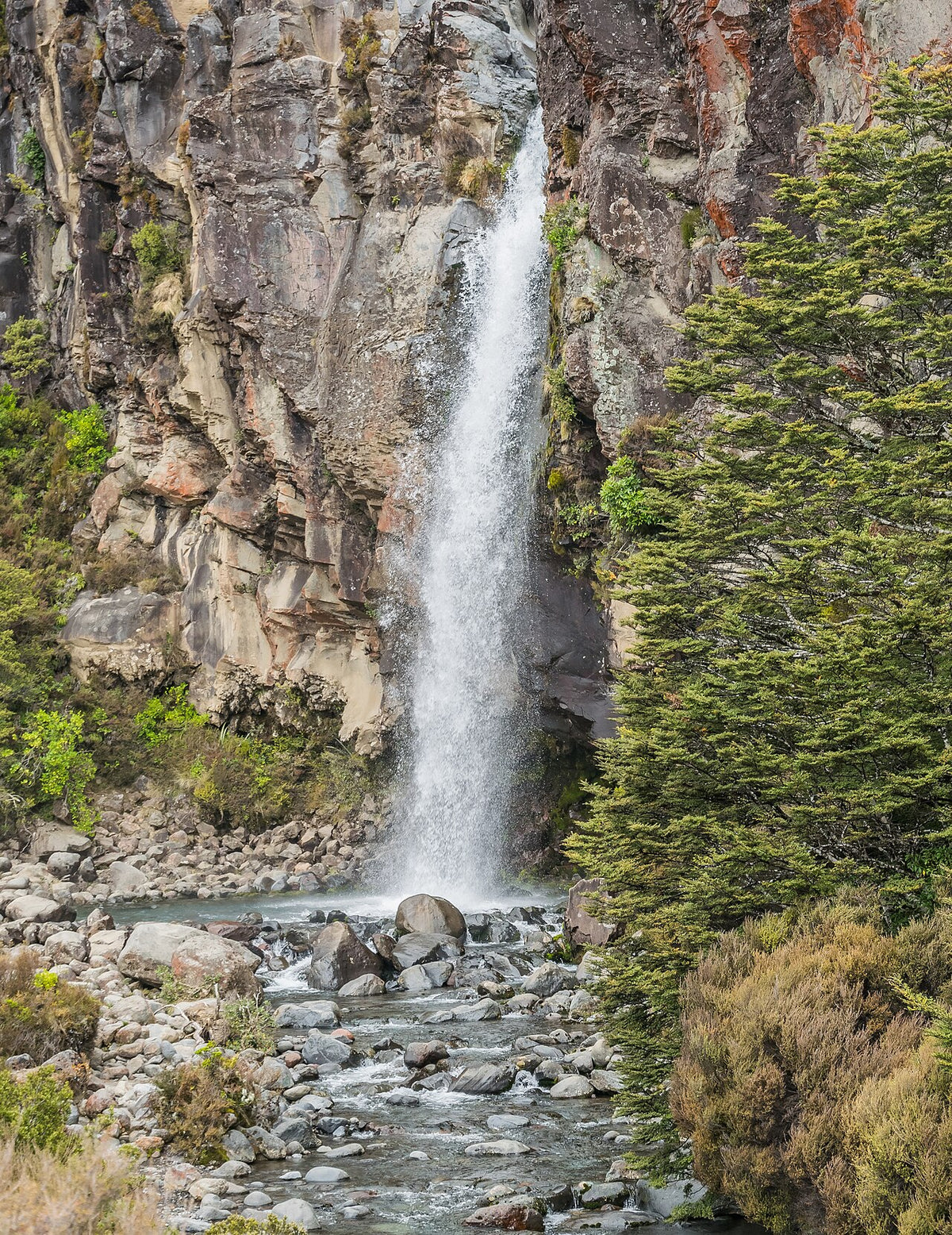 Taranaki Falls dropping over a volcanic cliff into the stream below.
