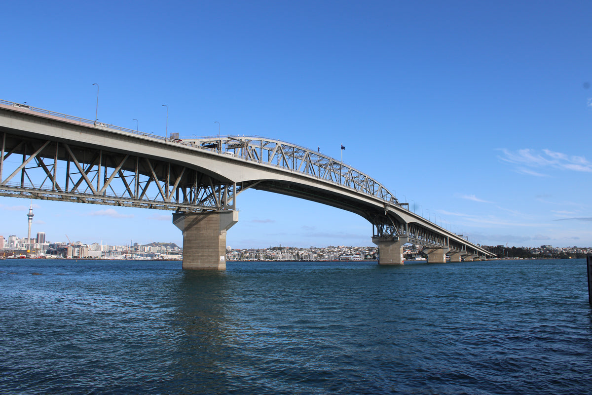 Auckland Harbour Bridge seen from the North Shore in August 2024.