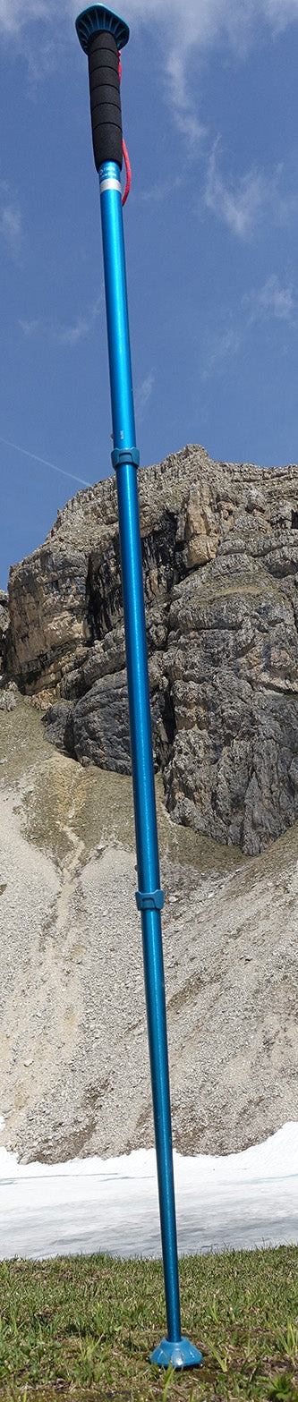 A trekking pole with its grip, shaft and tip visible.