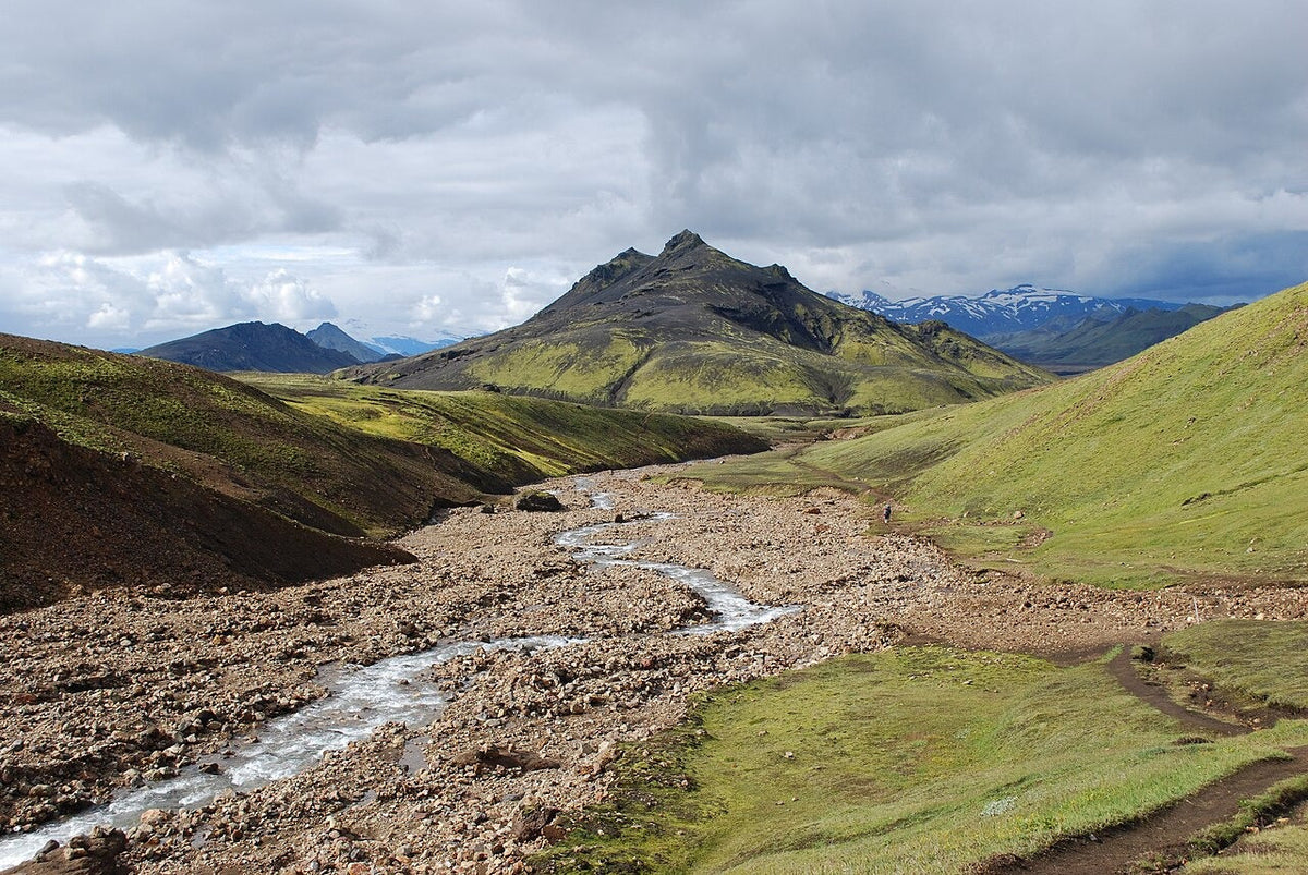 Layered mountain terrain beside the Laugavegur hiking trail in Iceland
