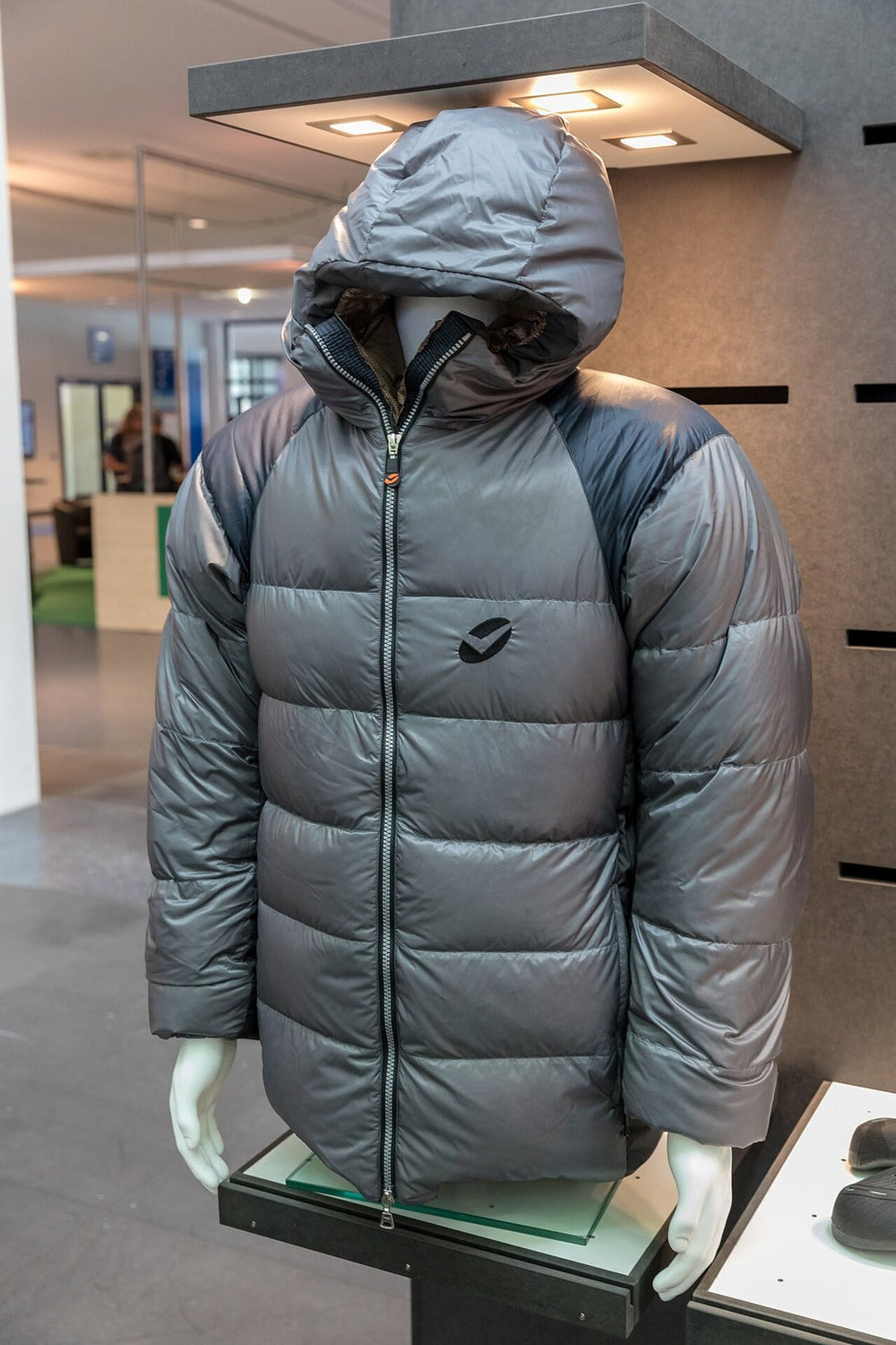 Insulated jacket displayed at an outdoor equipment exhibition