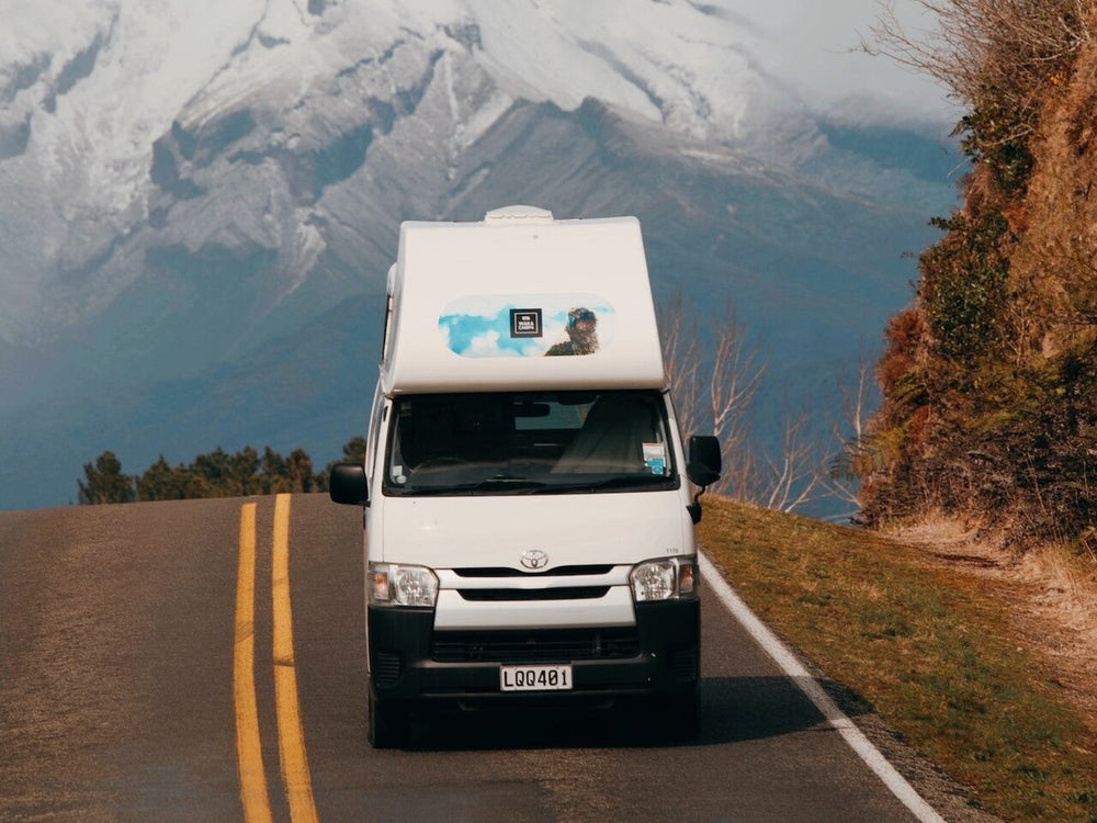 Rental campervan on a road in New Zealand