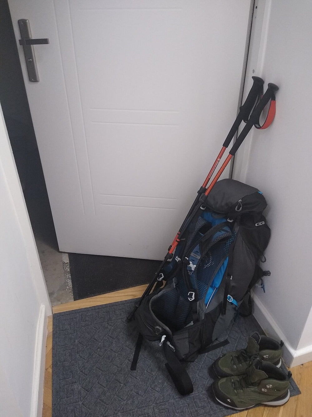 Loaded walking backpack with equipment attached