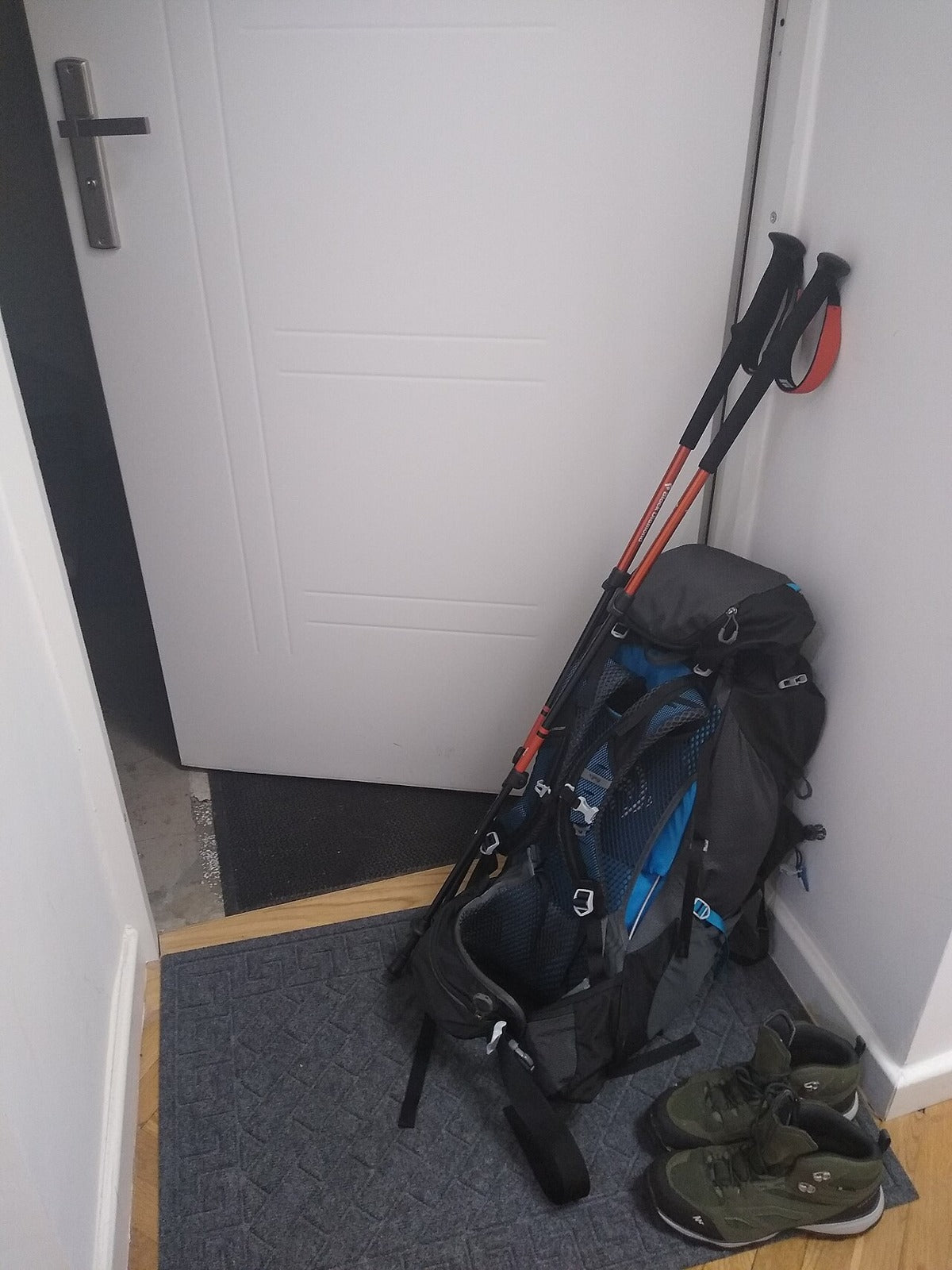 Loaded walking backpack with equipment attached