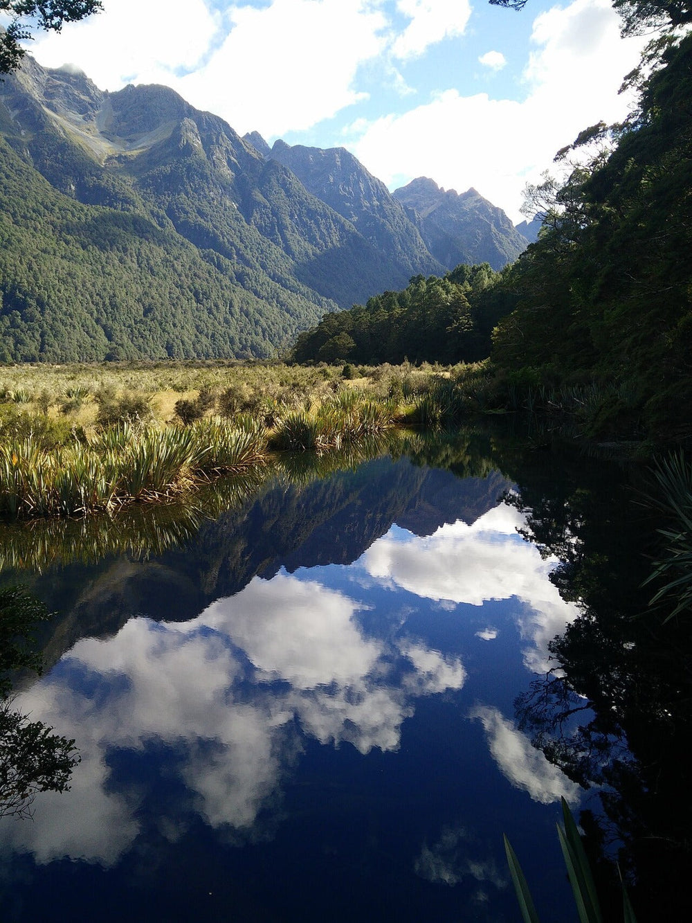 Mountains reflected in Mirror Lakes beside the Milford Road.