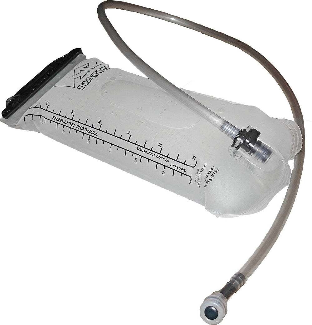 A hydration reservoir showing its water bag, drinking tube and bite valve.