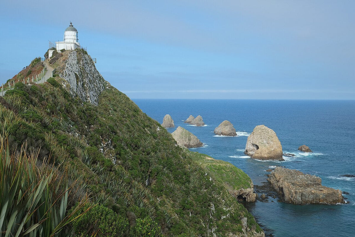 Nugget Point lighthouse above coastal rock stacks.