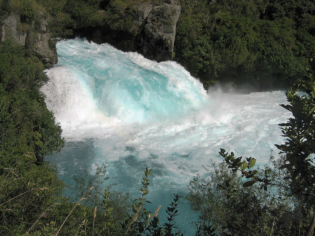 White water pouring through the Huka Falls gorge on the Waikato River.