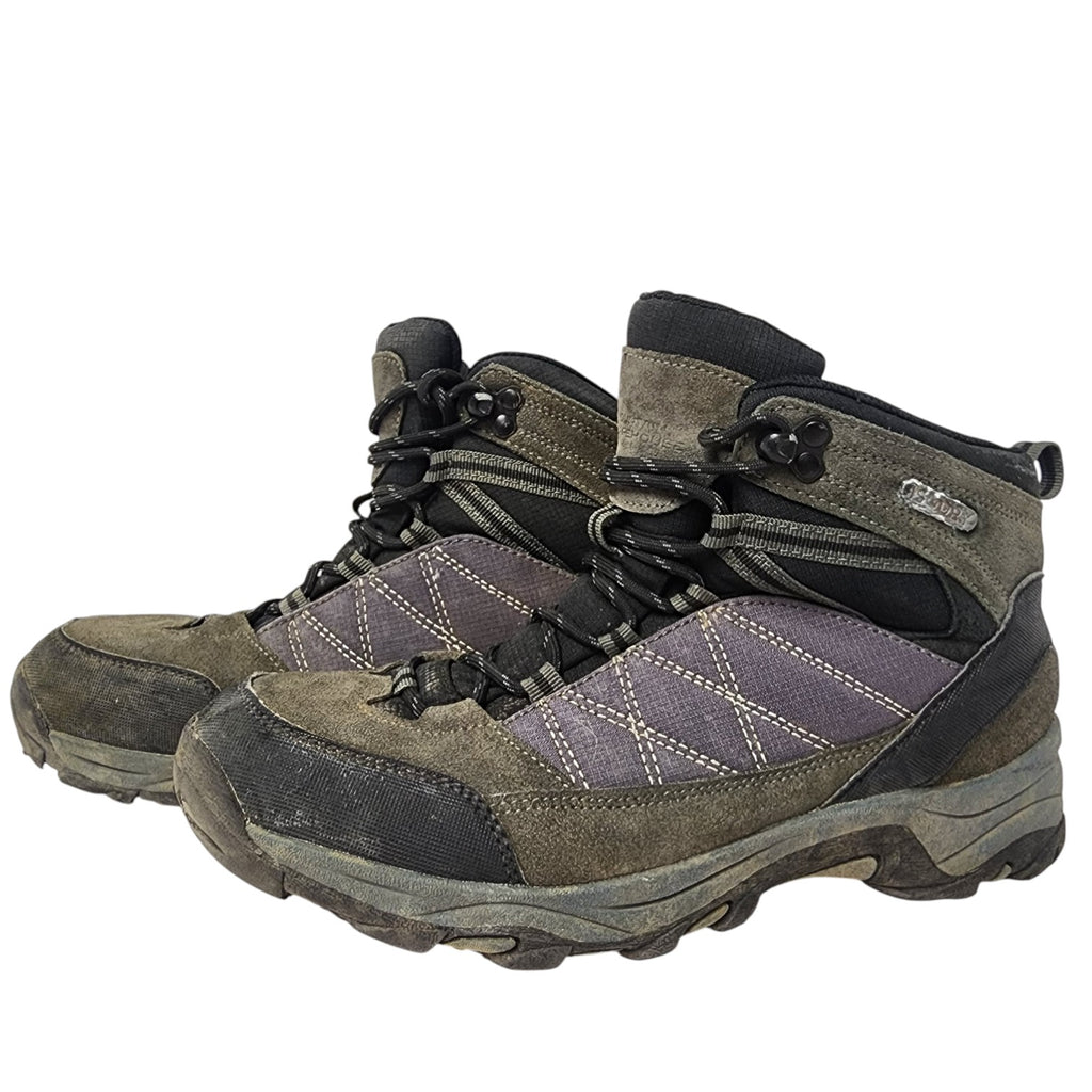 Pair of brown and black hiking boots with purple accents on a white background