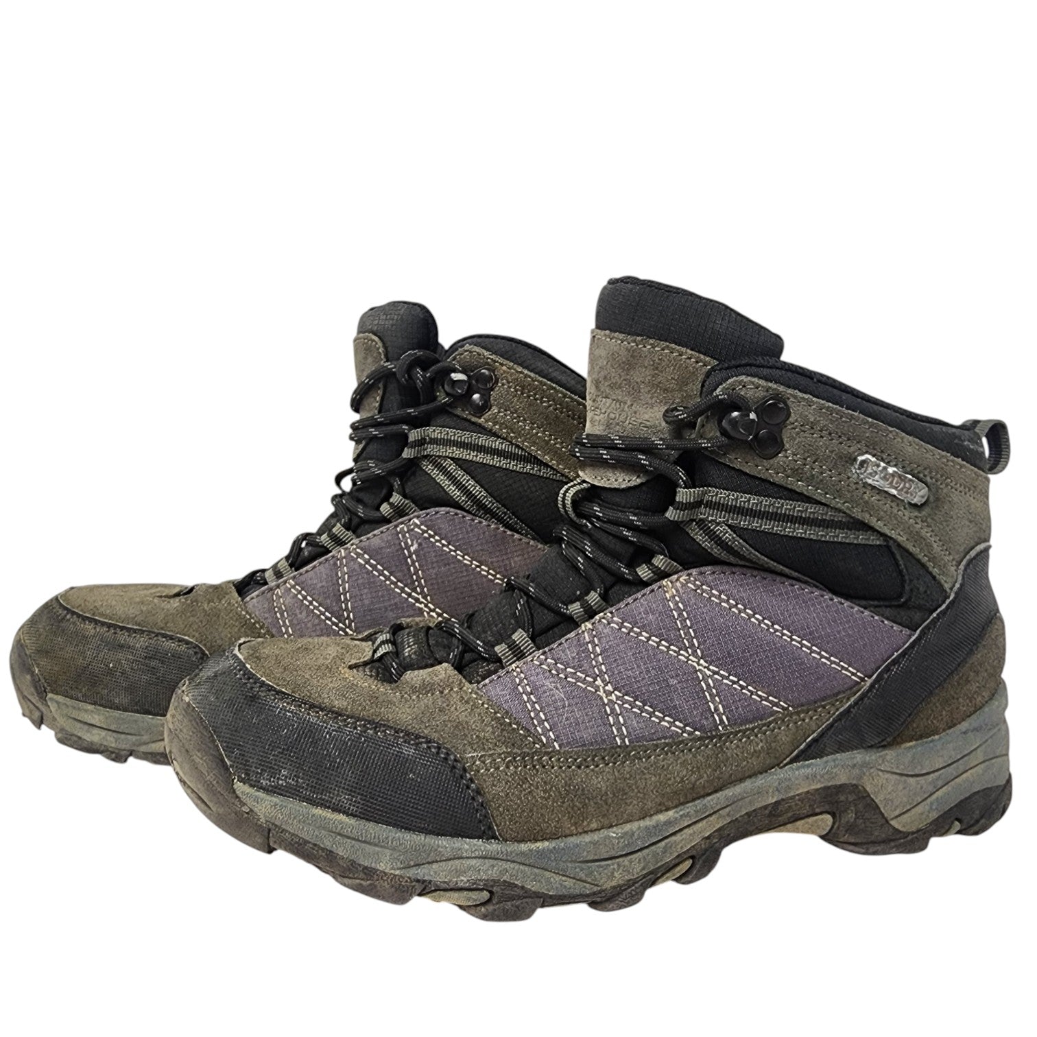 Pair of brown and black hiking boots with purple accents on a white background