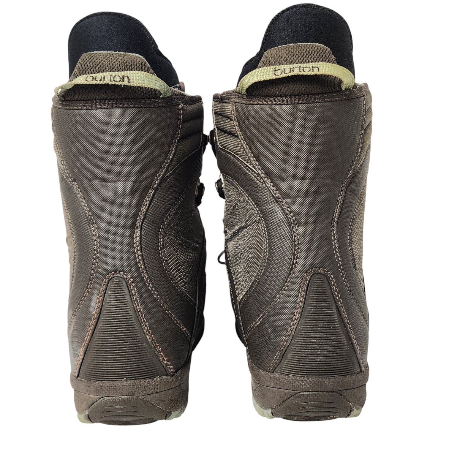 Pair of brown hiking boots with visible brand logo on a white background