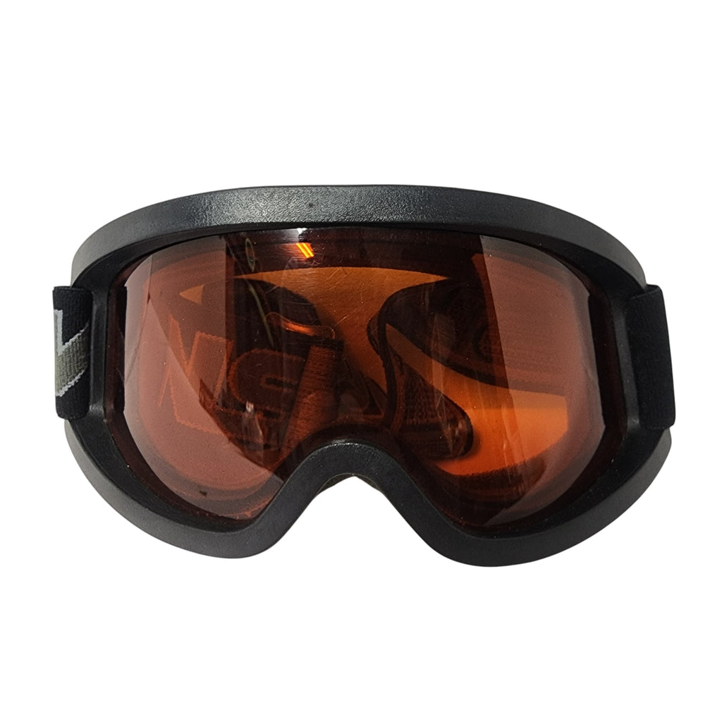 Black goggles with orange lenses on a white background