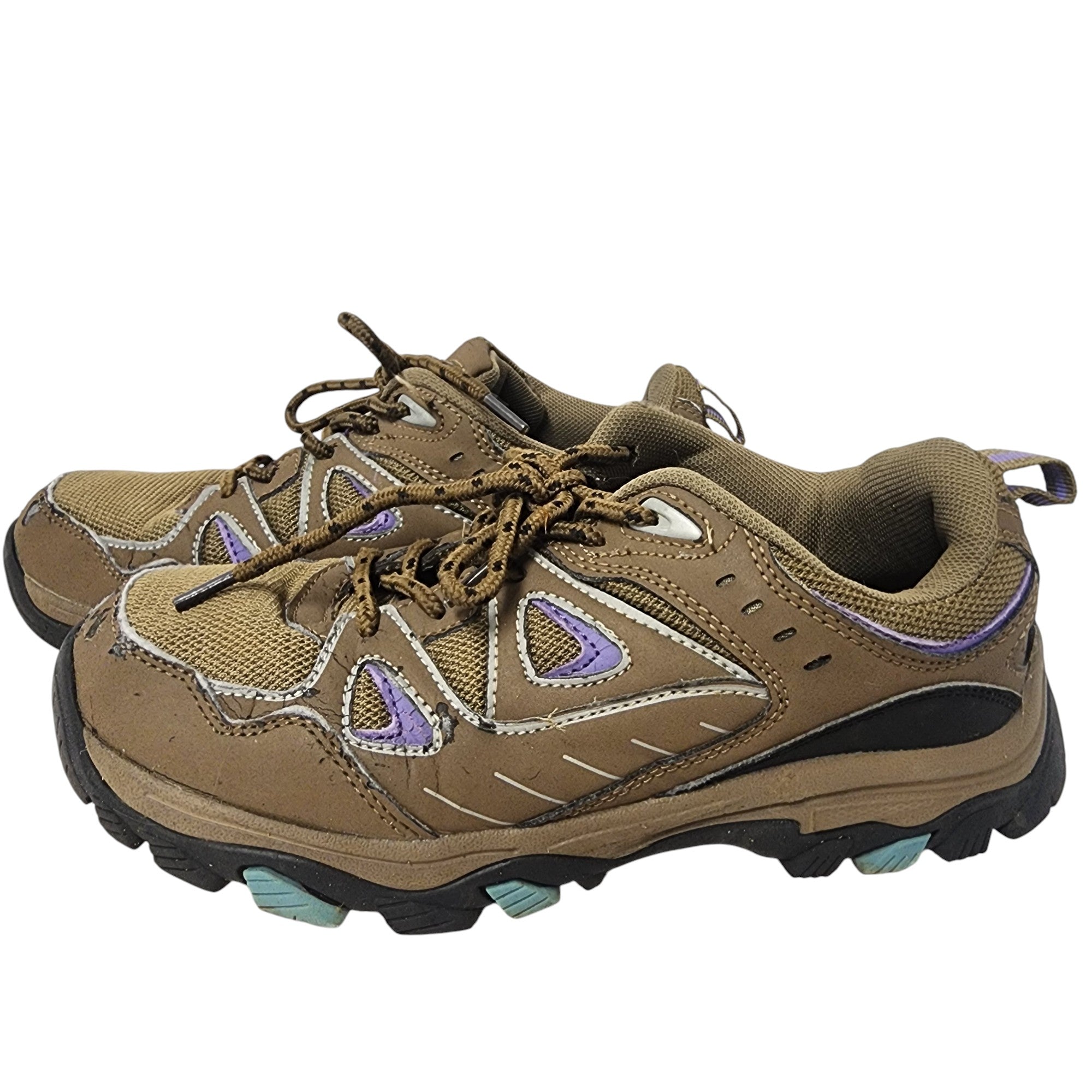 Pair of brown hiking shoes with purple accents on a white background