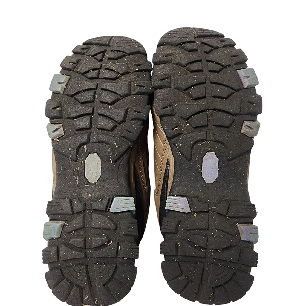 Close-up of the sole of a hiking shoe with tread pattern on a white background