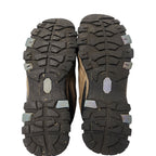 Close-up of the sole of a hiking shoe with tread pattern on a white background