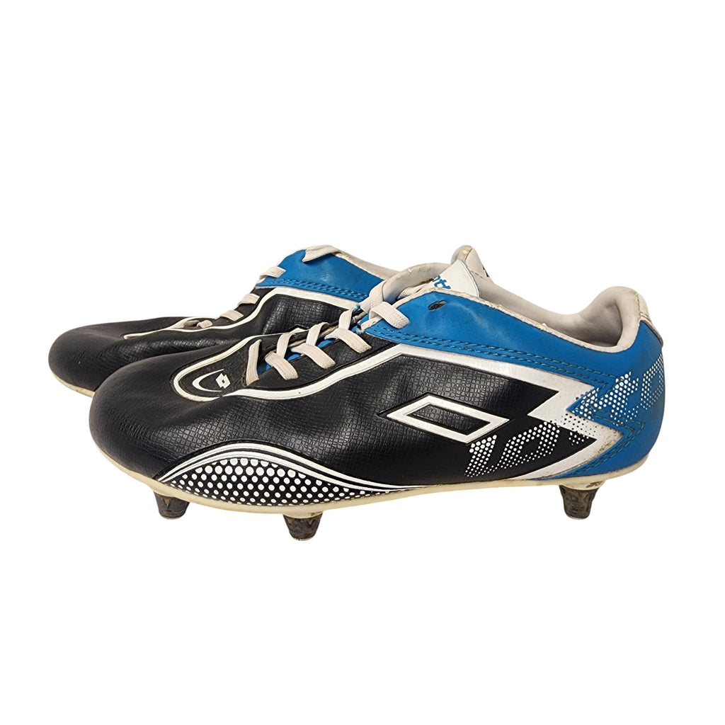 Pair of black and blue soccer cleats on a white background