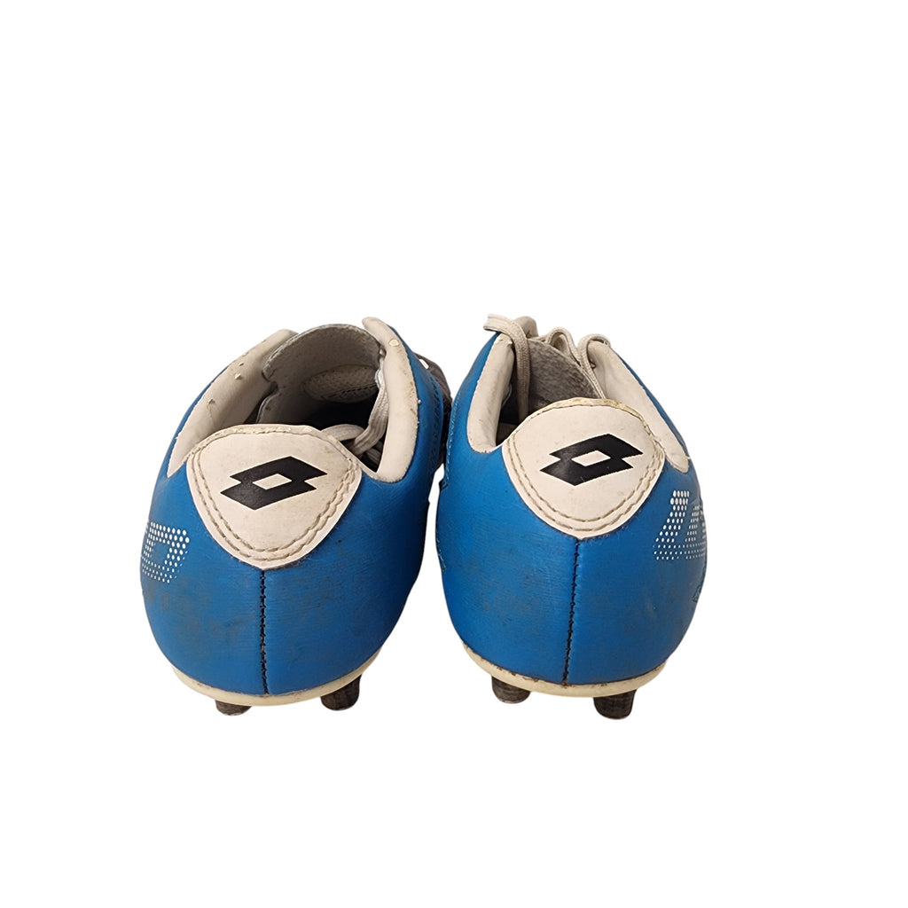 Pair of blue soccer cleats with white accents on a white background