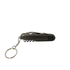 Black multi-tool keychain on a white background
