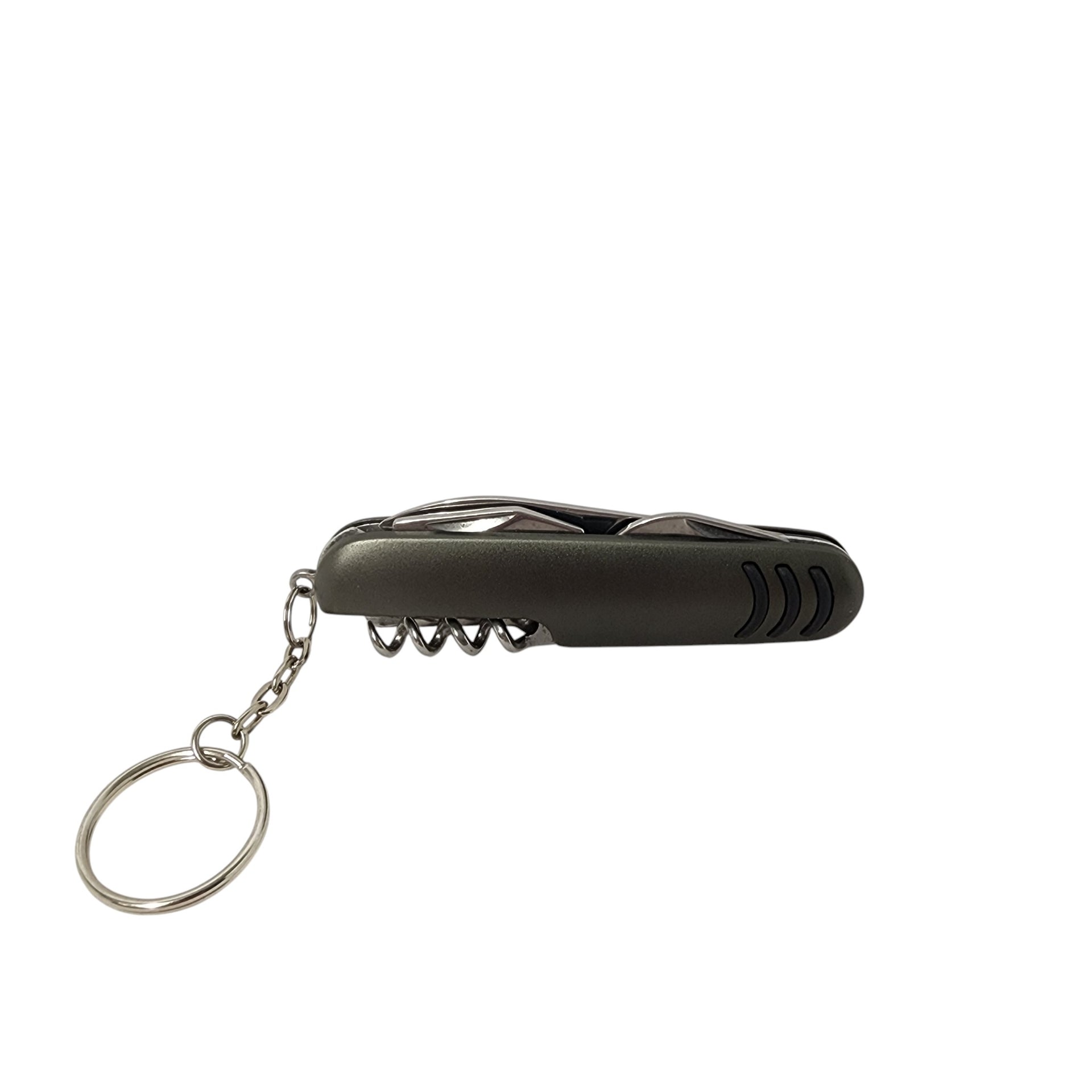 Black multi-tool keychain on a white background