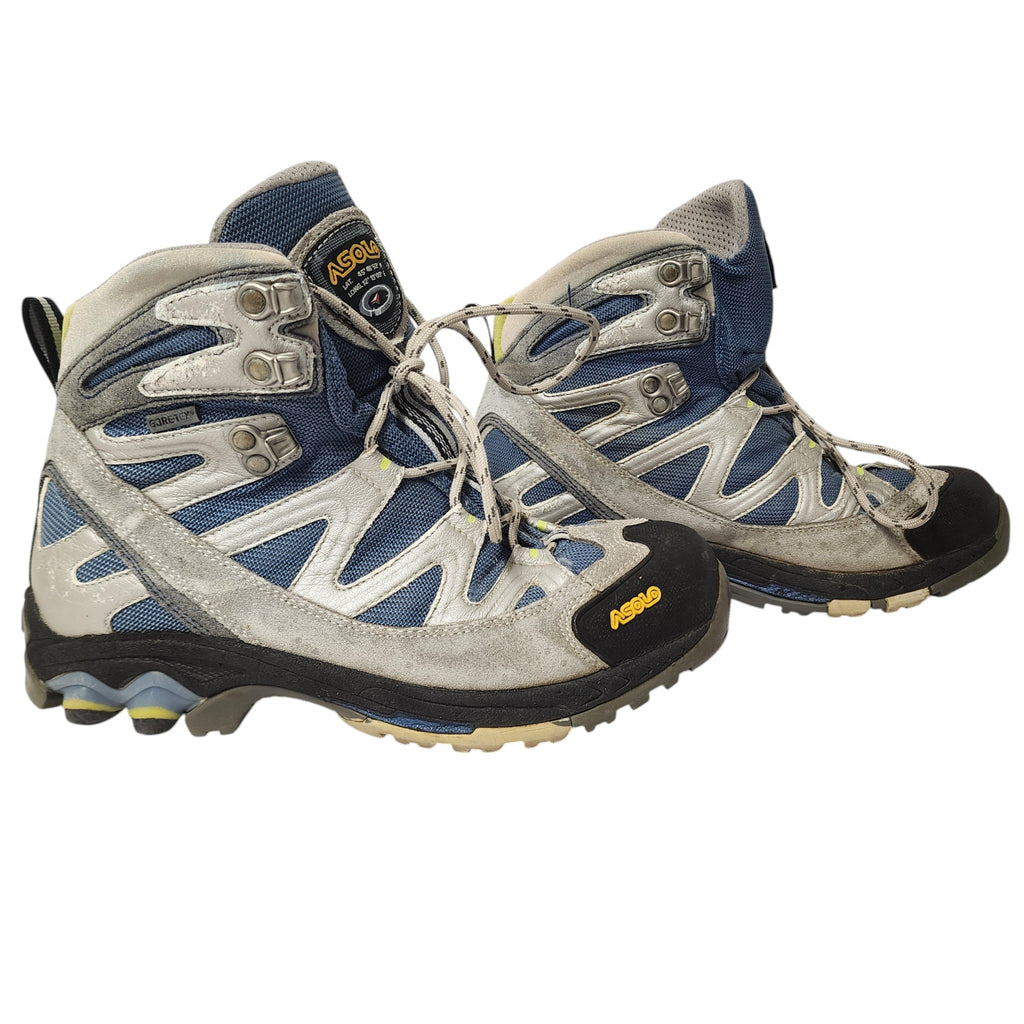 Pair of hiking boots with blue and gray design on a white background
