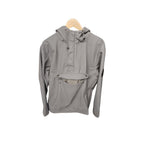 Desolve fleece-lined pullover hoodie front view hanging with pocket slightly open showing fleece lining