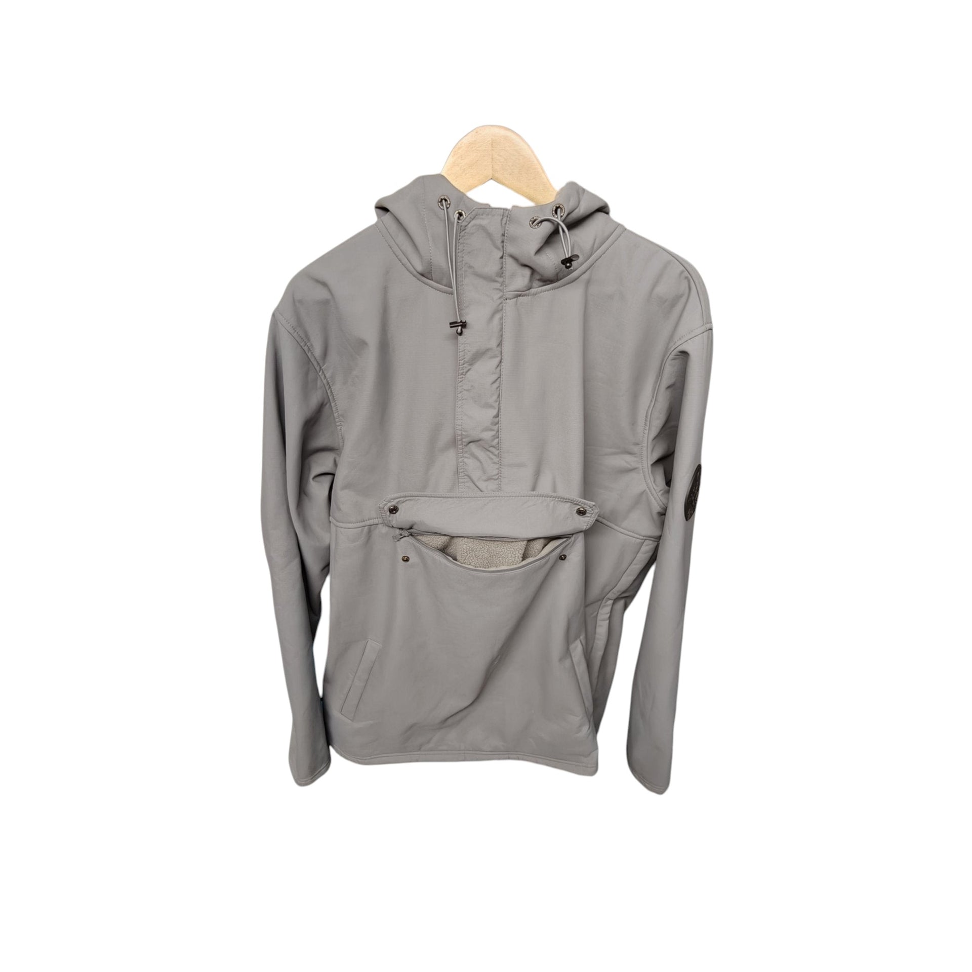 Desolve fleece-lined pullover hoodie front view hanging with pocket slightly open showing fleece lining