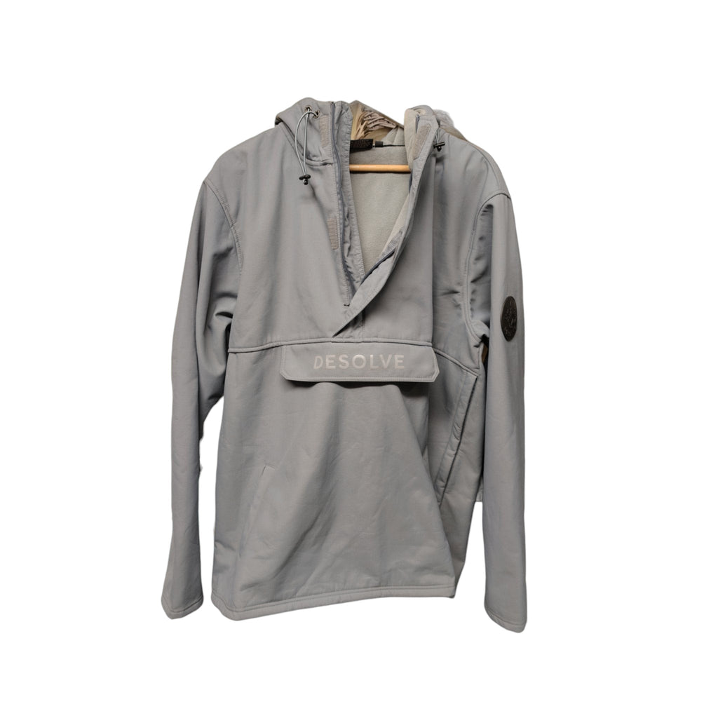 Front view of Desolve fleece-lined pullover hoodie in light grey with hood and large front pocket