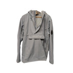 Front view of Desolve fleece-lined pullover hoodie in light grey with hood and large front pocket