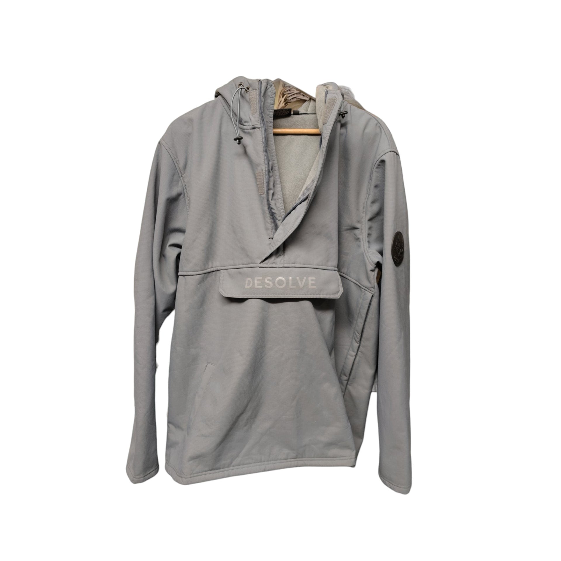 Front view of Desolve fleece-lined pullover hoodie in light grey with hood and large front pocket