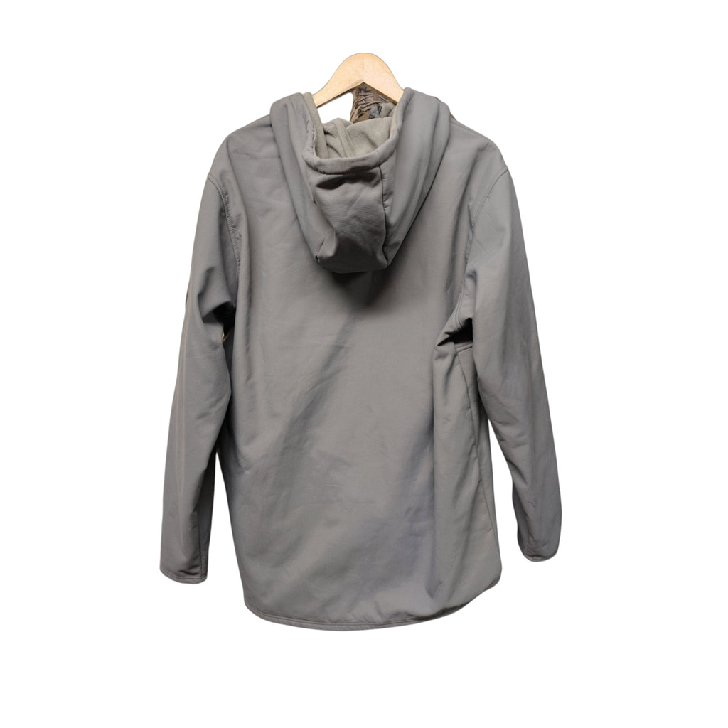 Back view of Desolve fleece-lined pullover hoodie in light grey on hanger