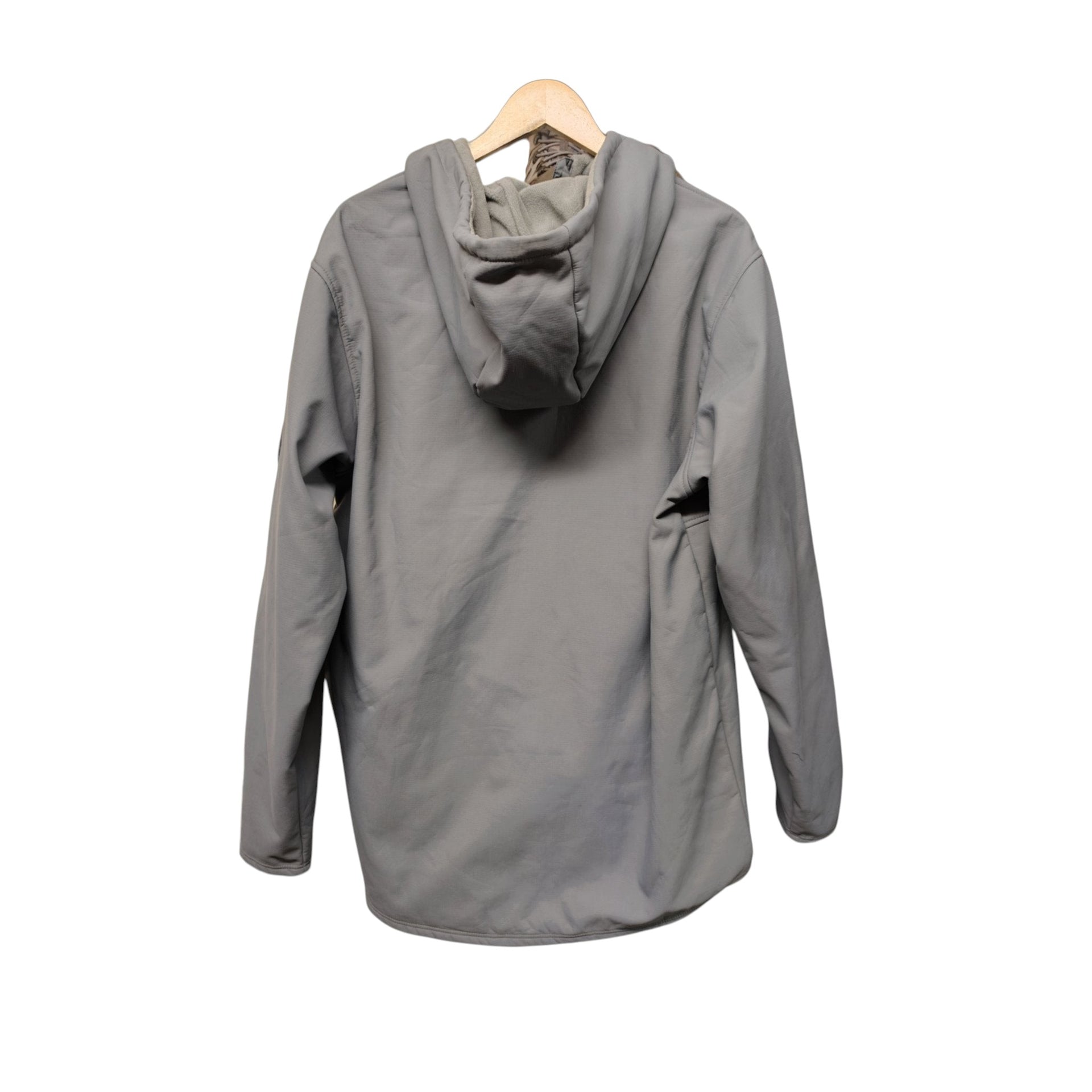 Back view of Desolve fleece-lined pullover hoodie in light grey on hanger