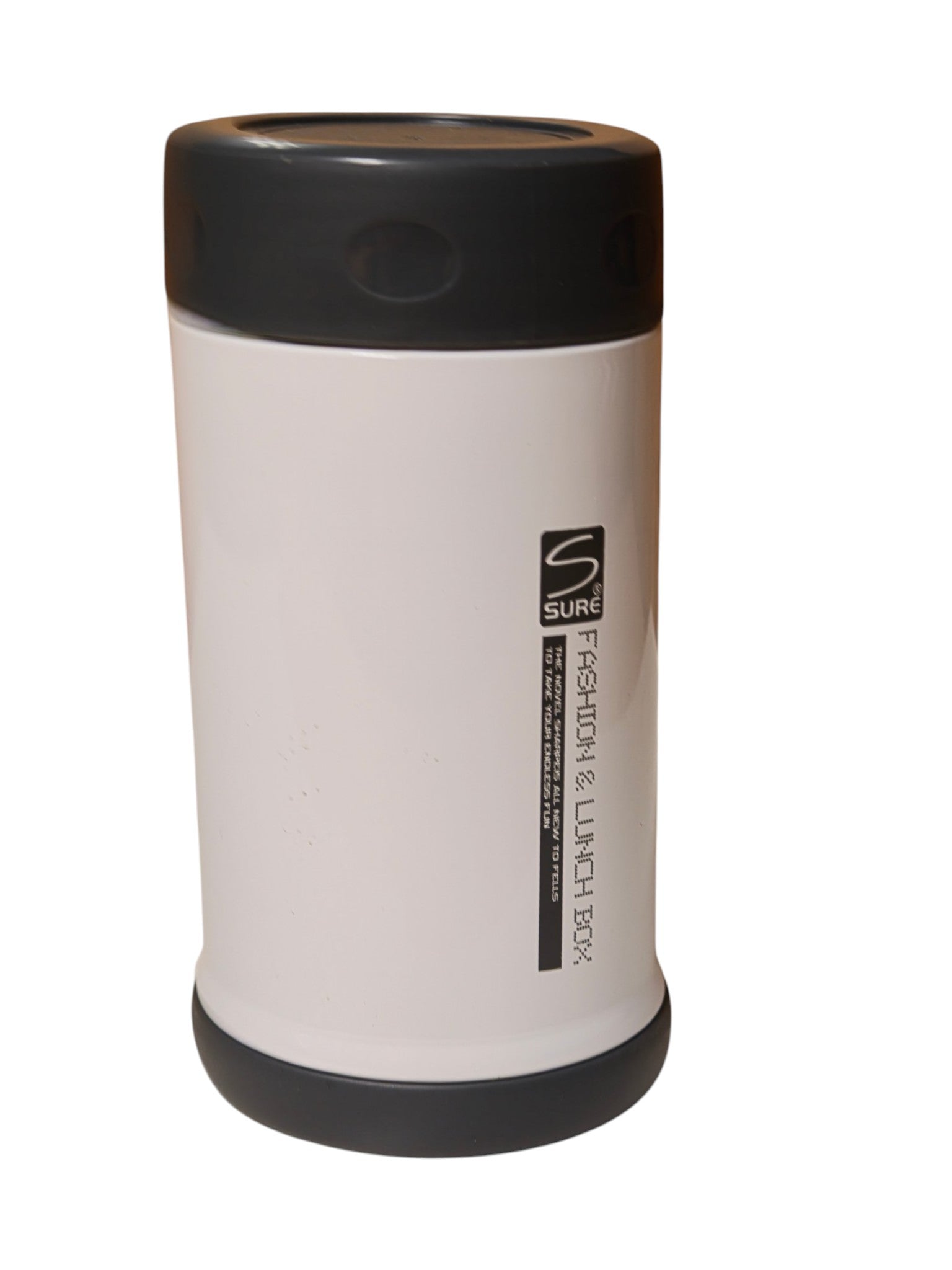 White thermos with black lid on a white background