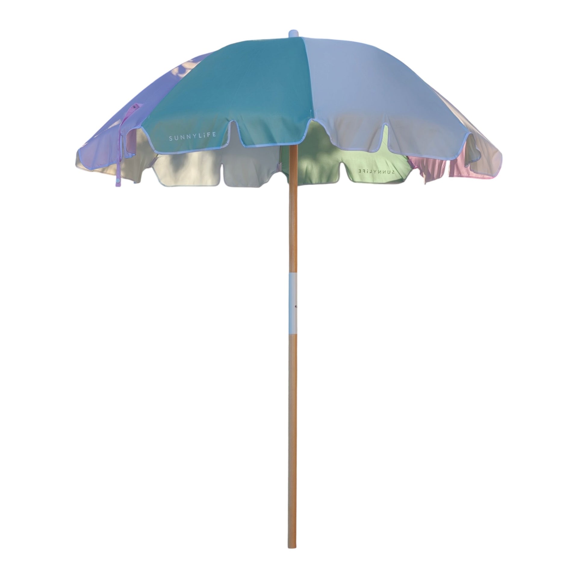 Sunnylife Beach Umbrella – Pastel Stripe w/ Wooden Pole & Ground Anchor
