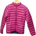 Pink puffer jacket on a hanger against a white background