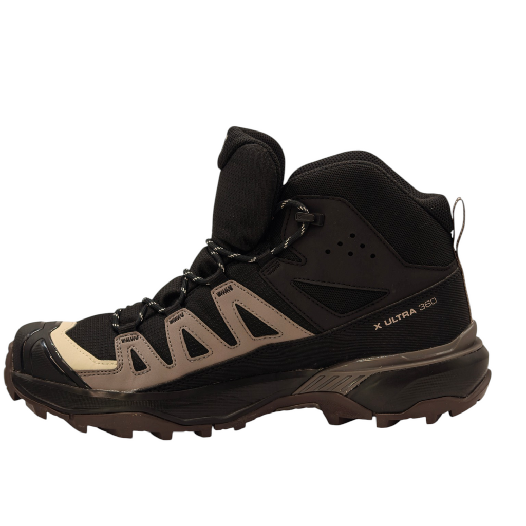 A black and beige Salomon X Ultra 2022 mid-top hiking boot shown from the side against a plain white background.