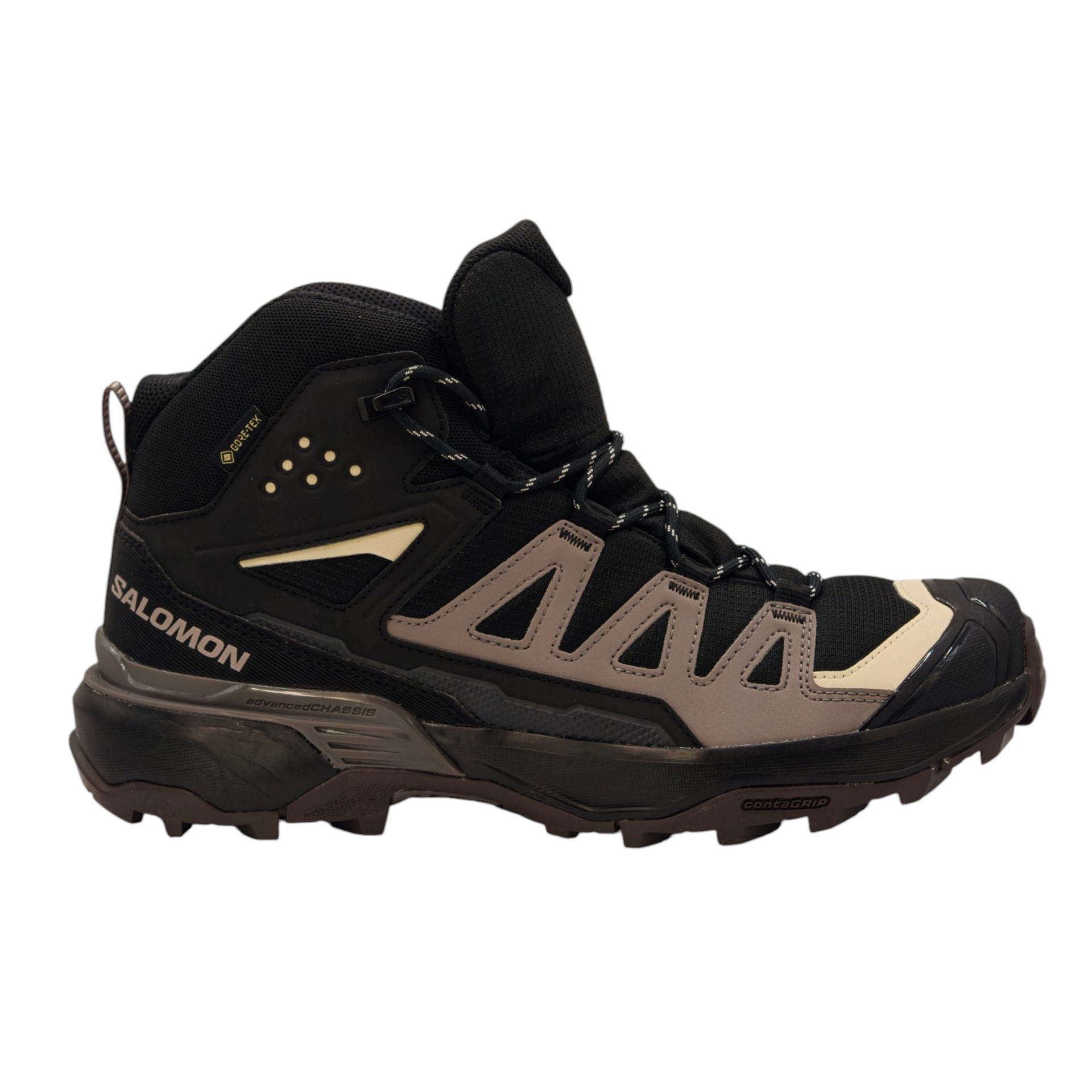 Salomon mid-top hiking boot in black and taupe with beige accents, shown from a side profile on a white background.