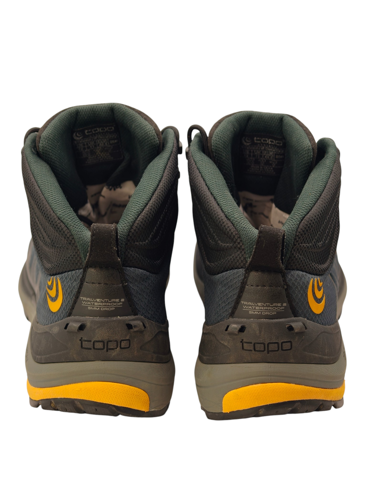 Pair of Topo Athletic Trailventure 2 WP hiking boots – rear view showing heel loops and 5 mm drop markings