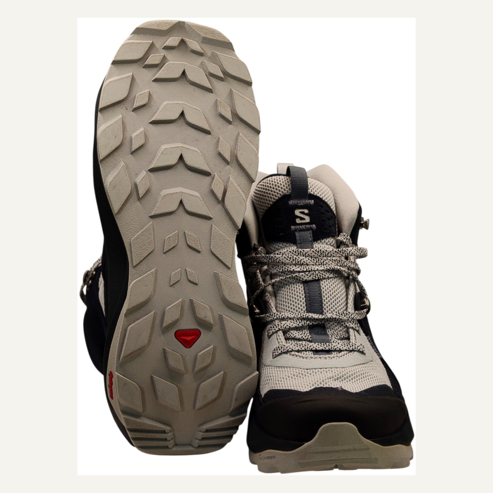 Close-up of tread sole and front uppers of Salomon Elixir Mid GTX W boots