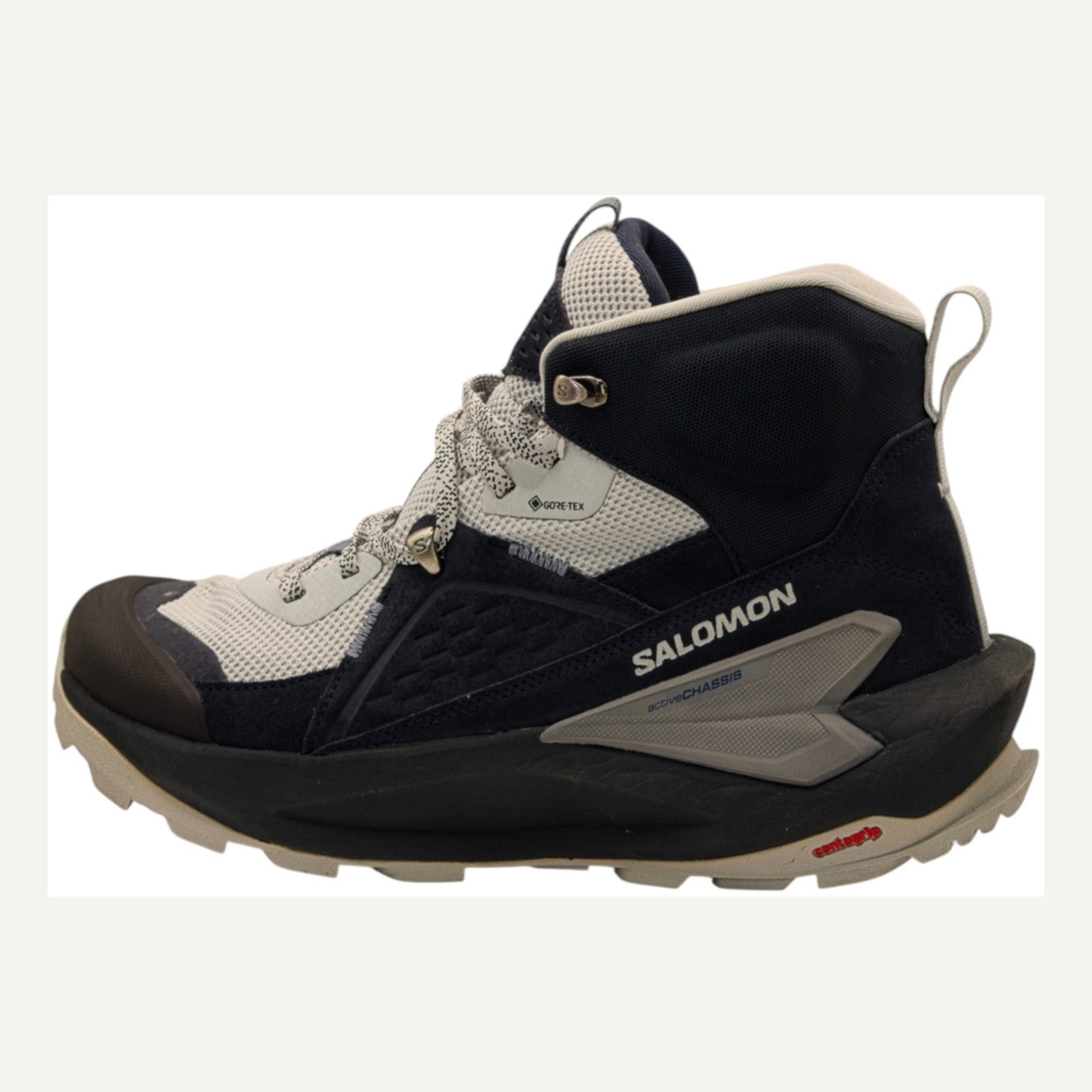 Side view of Salomon Elixir Mid GTX W hiking boots showing activeCHASSIS system