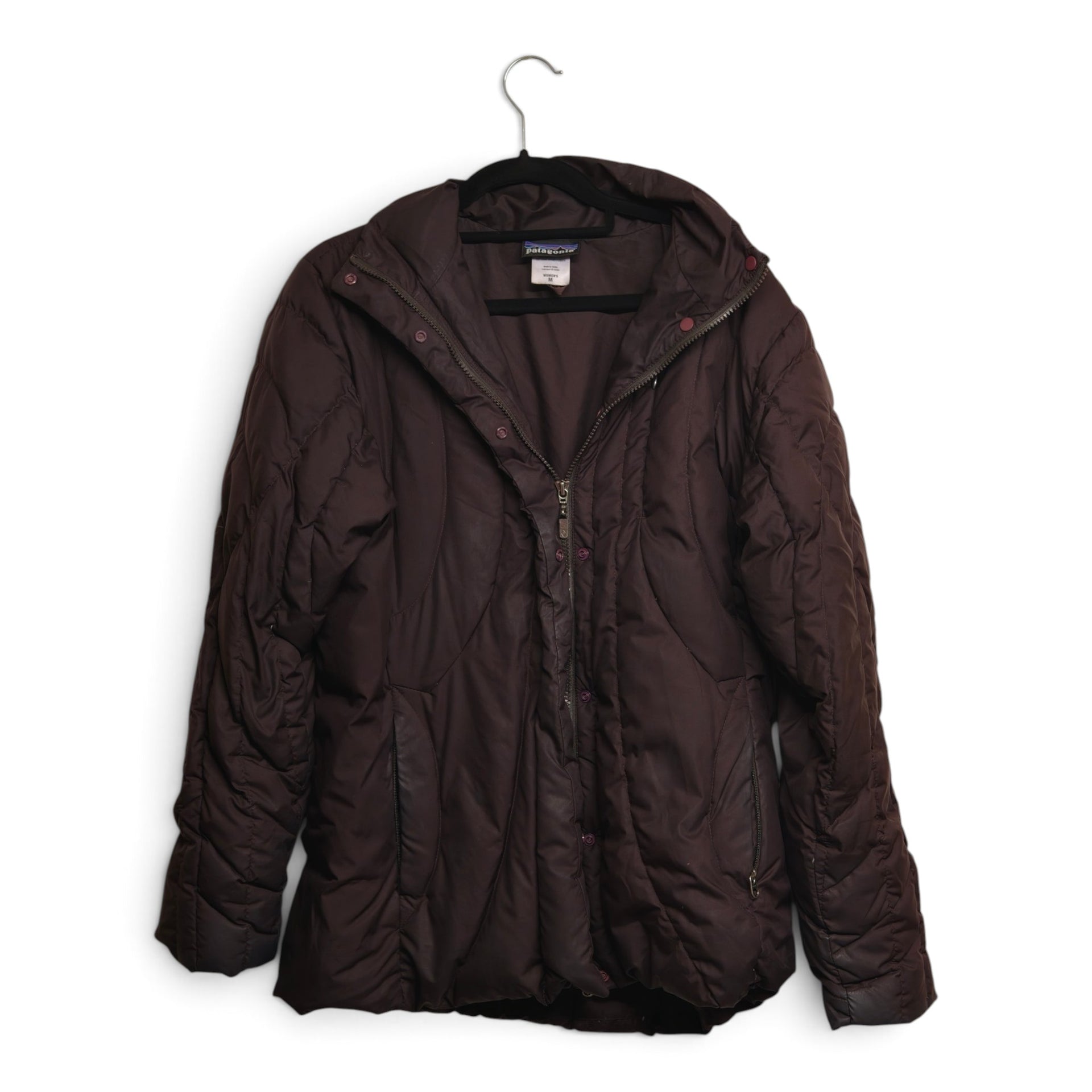 Patagonia dark brown hooded quilted jacket front view