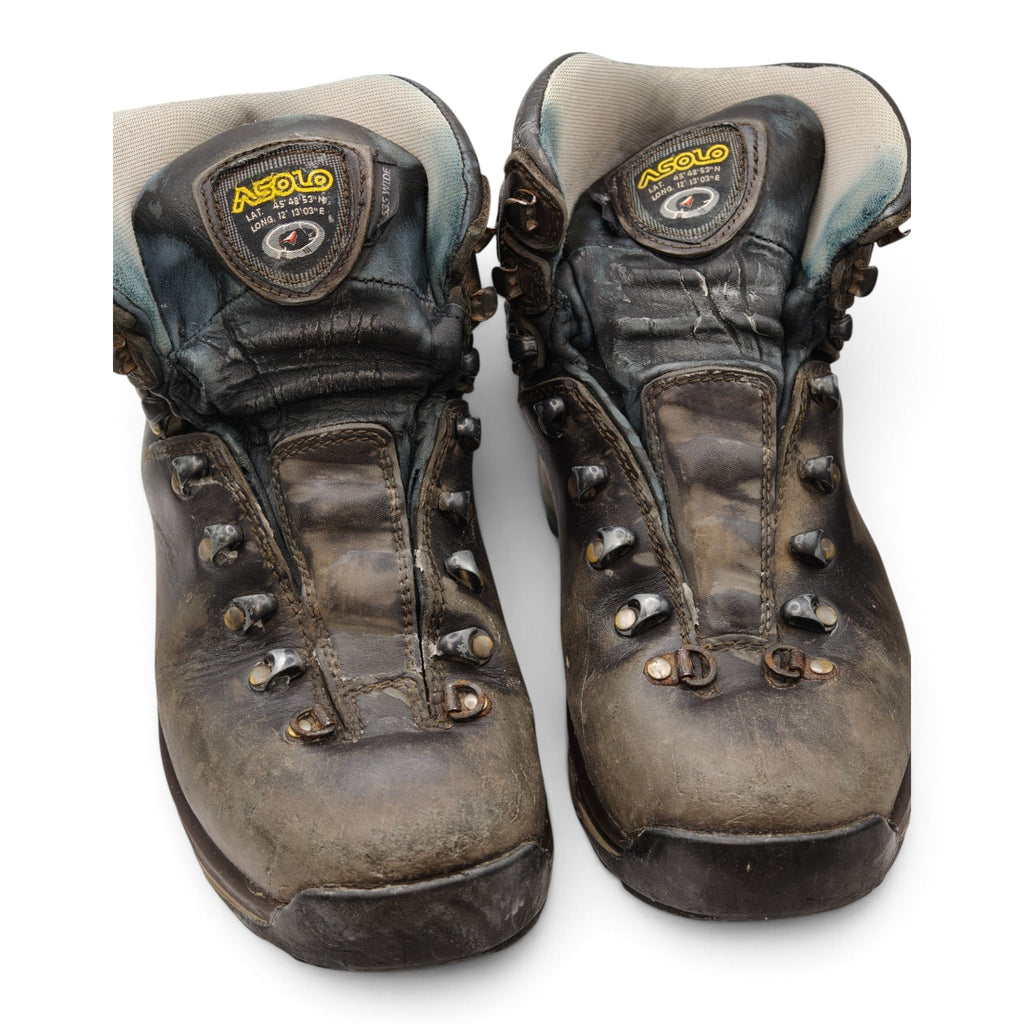 Asolo leather tramping boots with tongues open