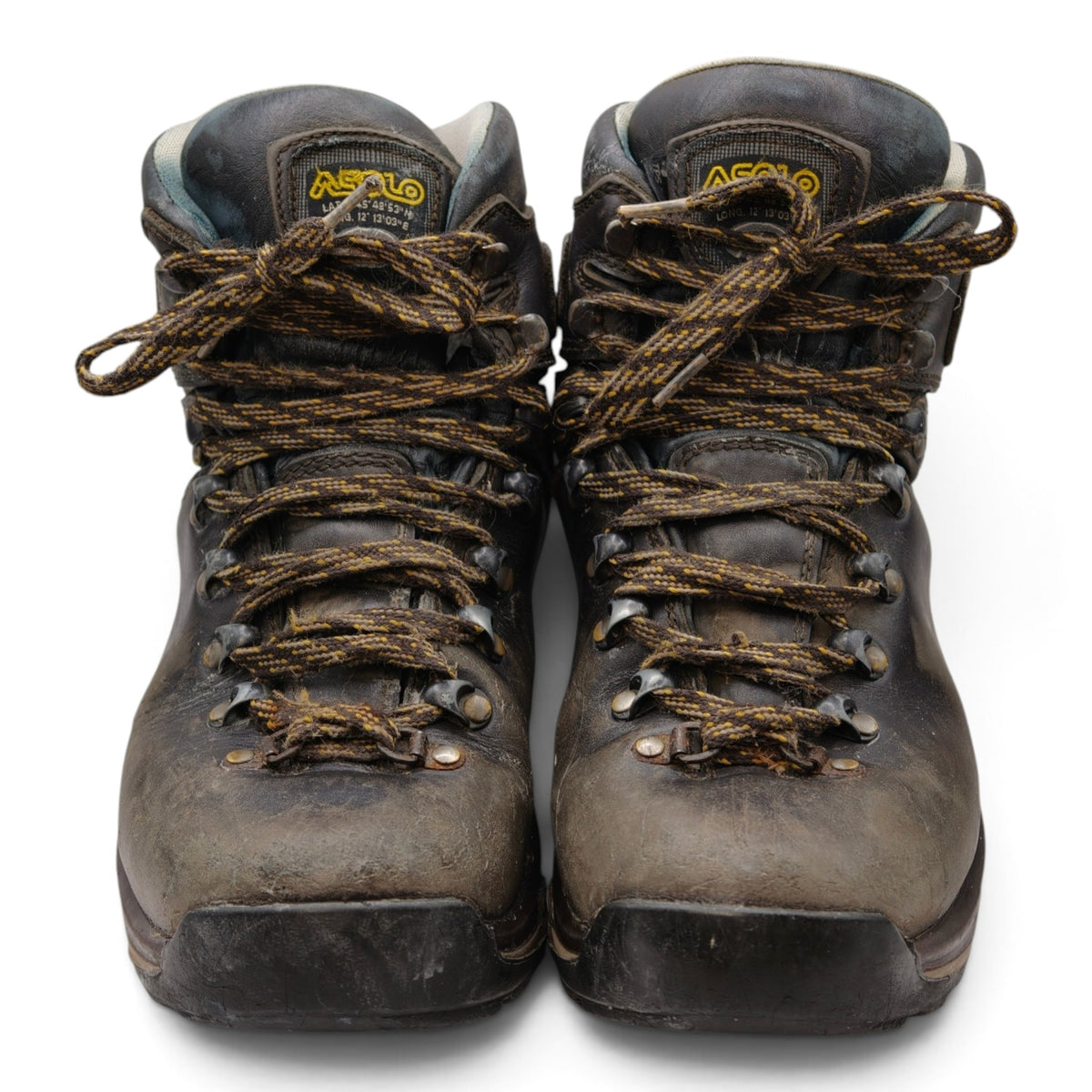Pair of well-used Asolo leather tramping boots, front view