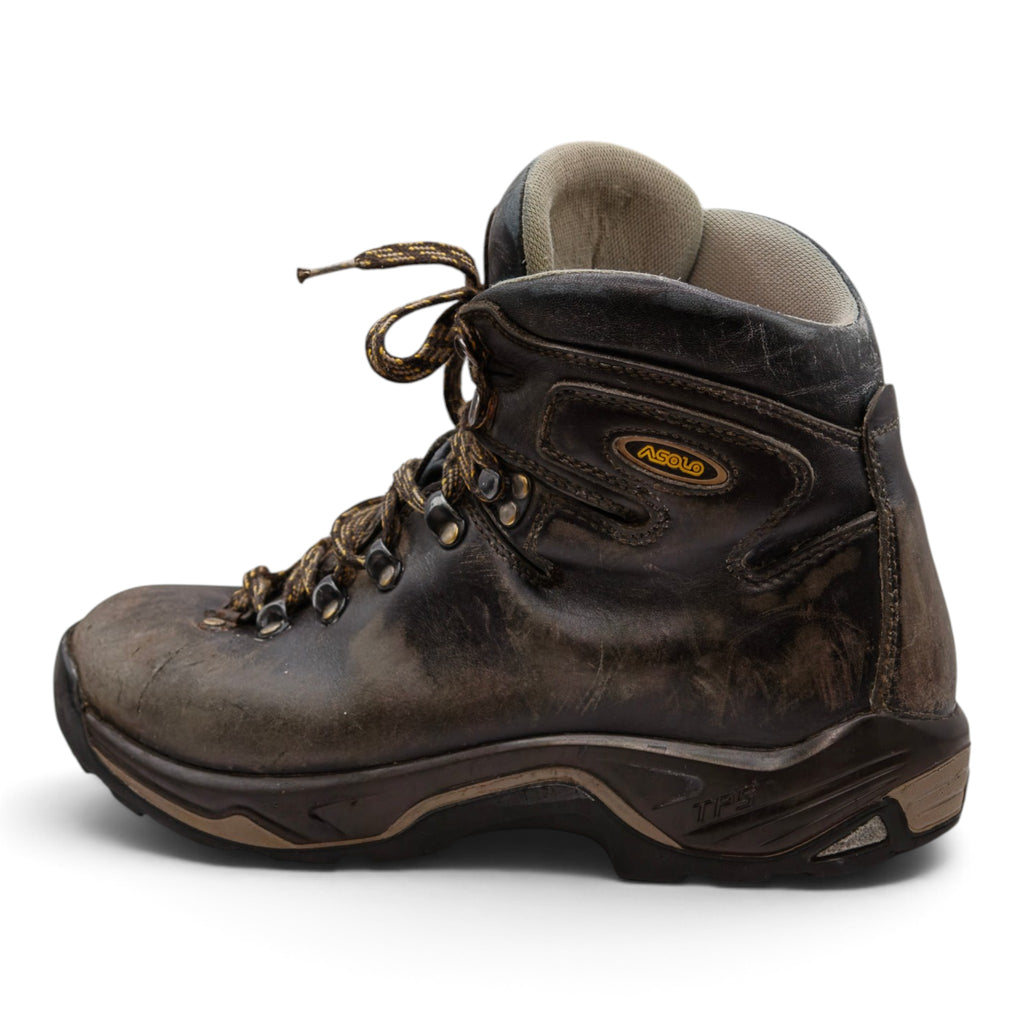 Single Asolo leather tramping boot, side view