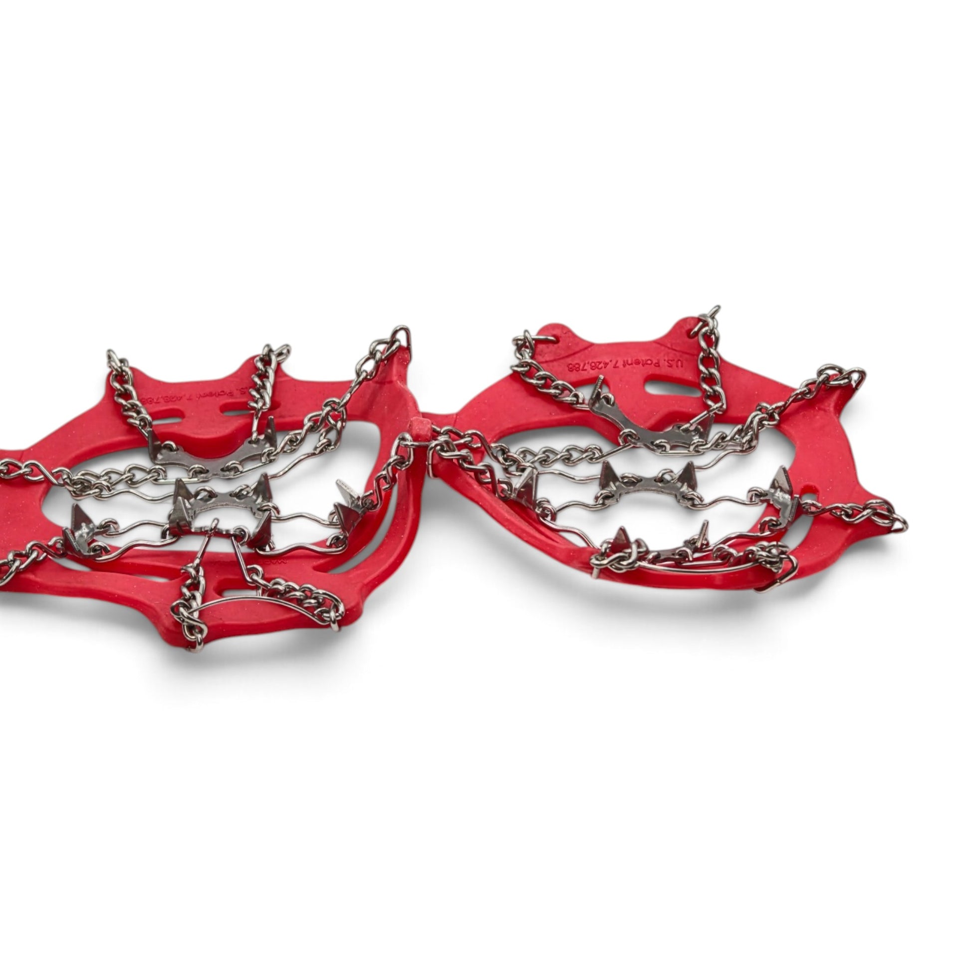 Red chain ice and snow traction cleats pair