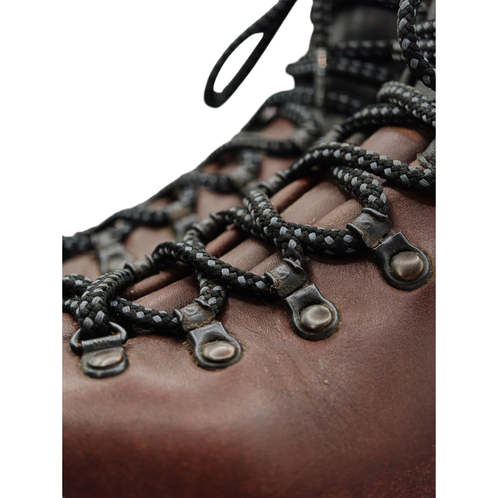 Close-up of back heel and brand logo on Scarpa brown hiking boots