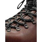 Close-up of back heel and brand logo on Scarpa brown hiking boots