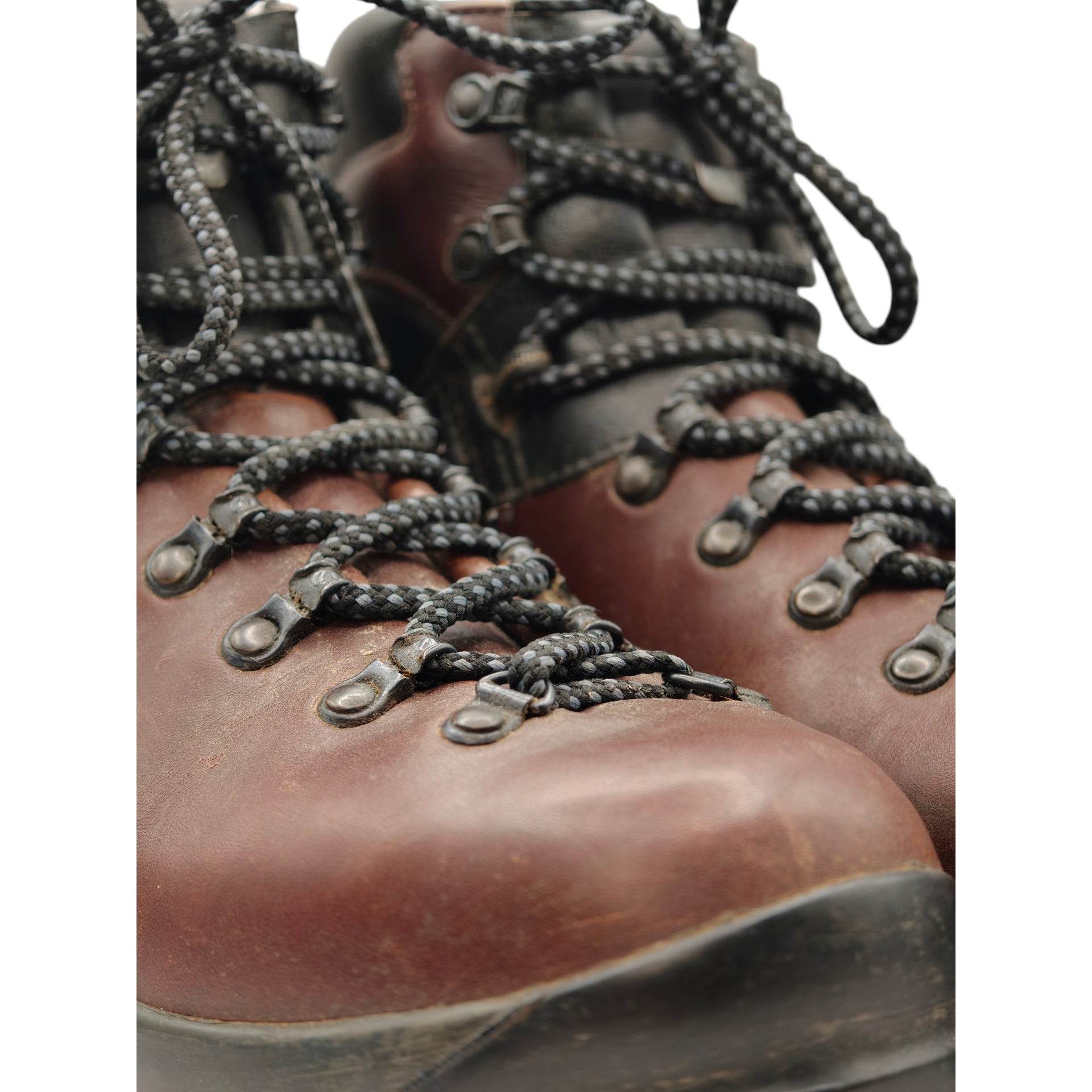 Close-up of lacing and eyelets on Scarpa leather hiking boots