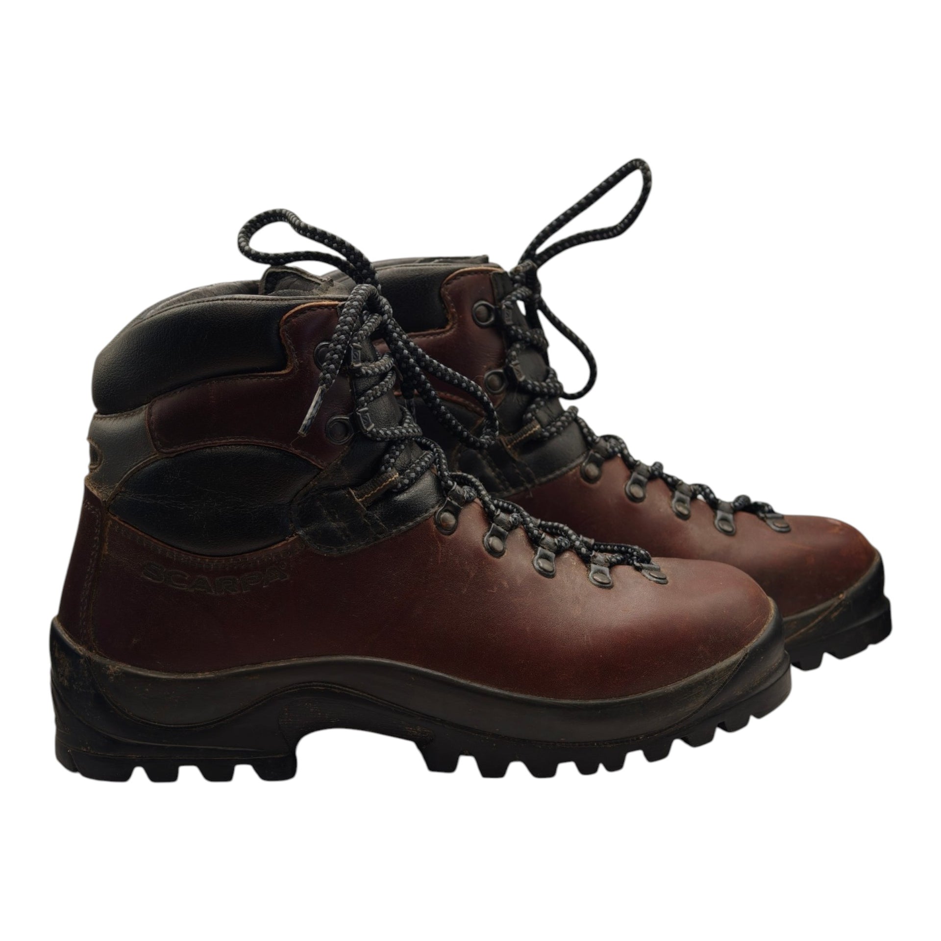 Close-up of lacing on Scarpa leather hiking boots